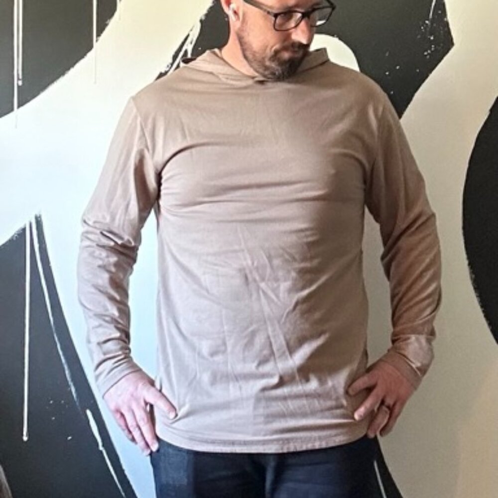 Bylt Basics Hooded Drop Cut Long-Sleeve. Size Large. Color is called Sand (Tan)